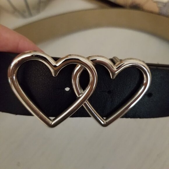 Double Heart Black Vegan Faux Leather Belt, Size S/M, Peg closure - Picture 4 of 8